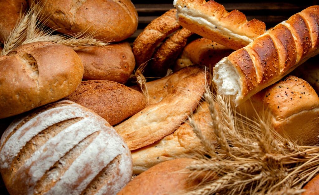 Close up of different types of bread made from wheat flour